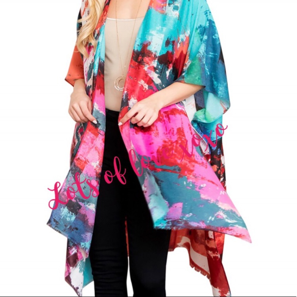 MULTI DISTRESSED PAINT STYLE WIDE SLEEVE KIMONO - Picture 2 of 8